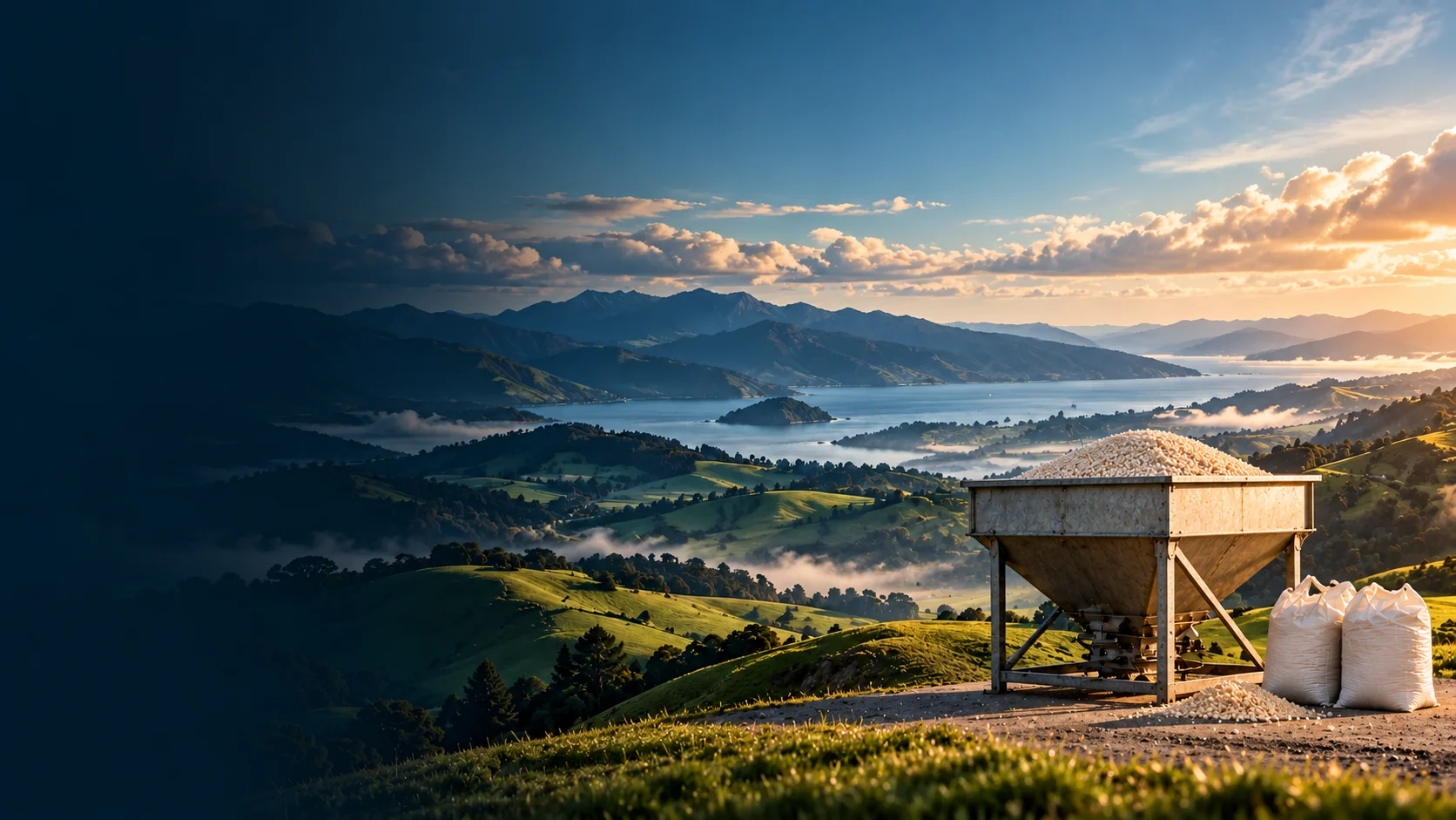 Illustration of a fertiliser hopper and sacks overlooking rolling farmland, a lake and mountains.