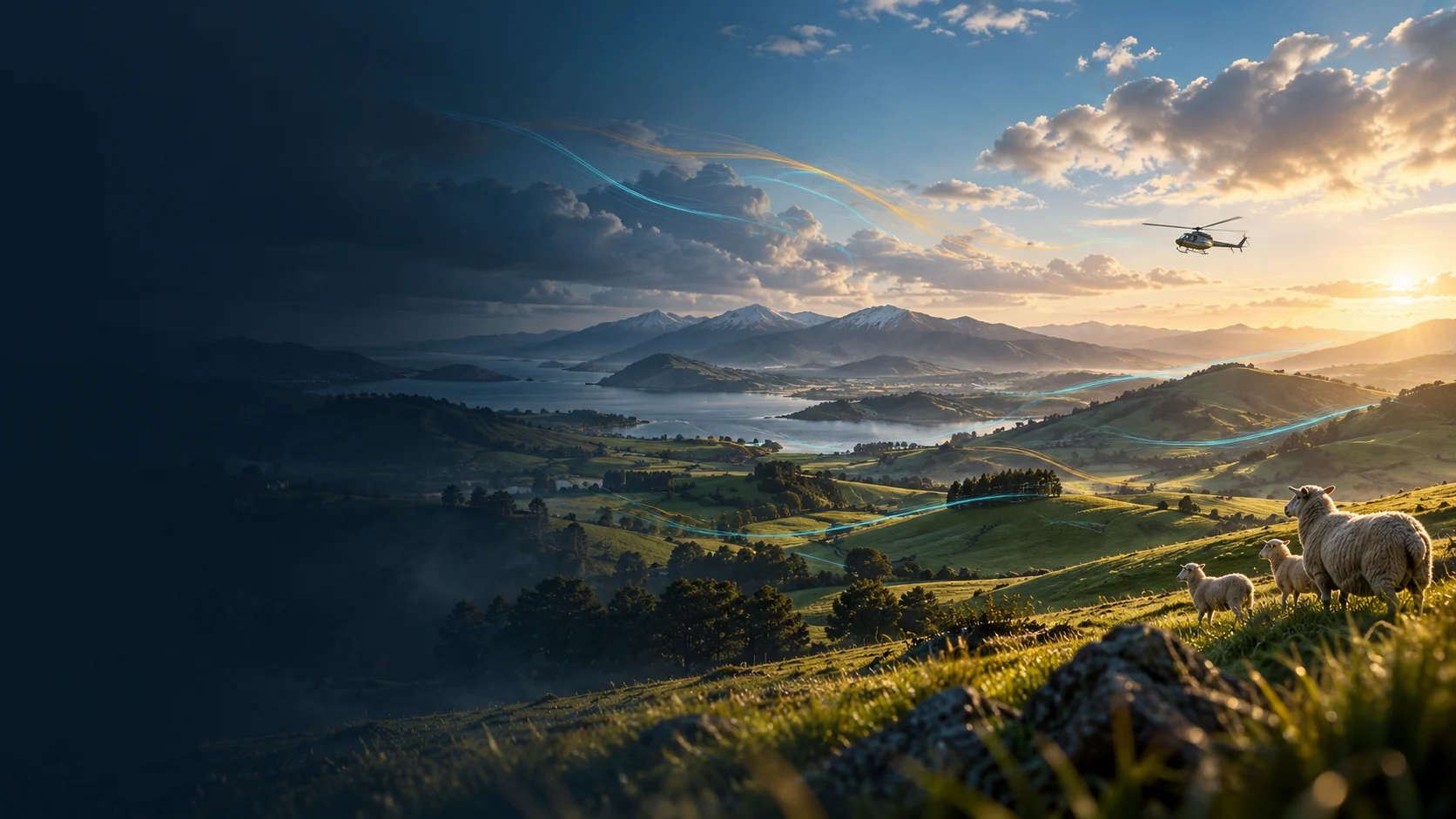 Illustration of morning clouds, wind ribbons and a distant helicopter above farmland.