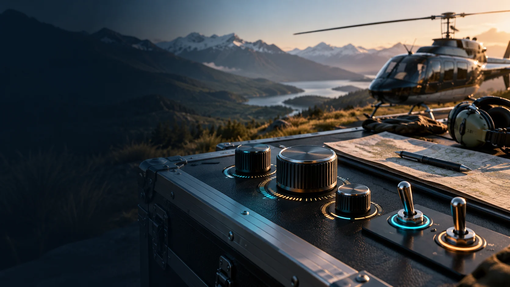 Concept illustration of aviation control dials and switches with a helicopter outline.