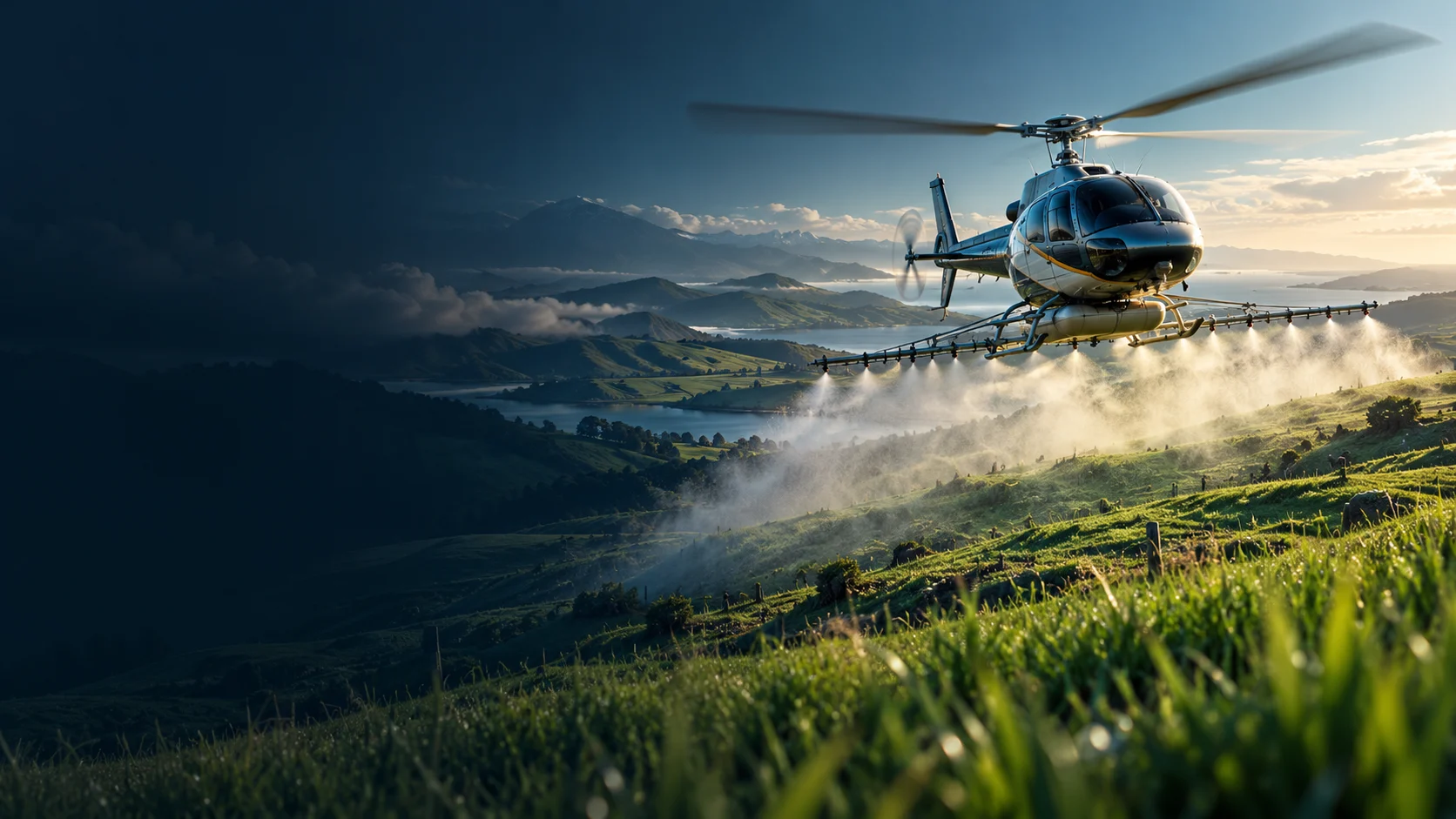 Illustration of an agricultural helicopter over rolling green farmland.